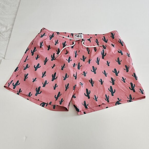 Bermies Men's Stretch Swim Trunks Shorts Mesh Lined Pink Green Cactus - Picture 1 of 7